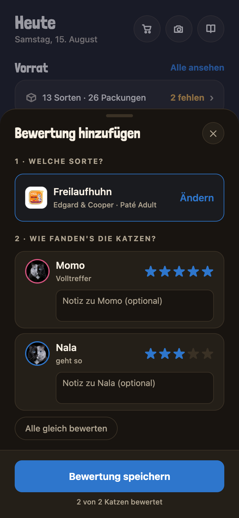 Bewertung eintragen: pro Katze eigene Sterne