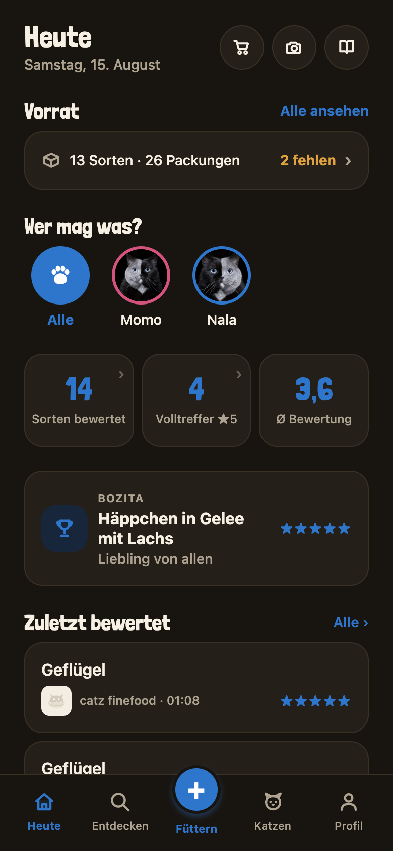 MiauMate – Heute-Übersicht mit Bewertungen