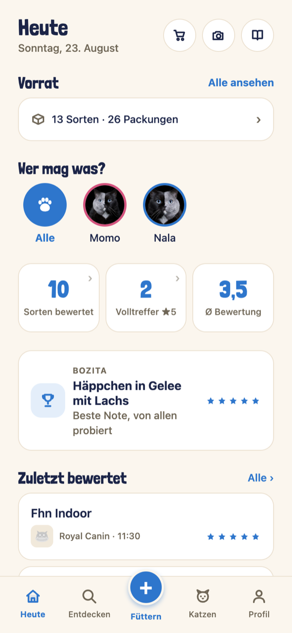 MiauMate – Heute-Übersicht mit Bewertungen