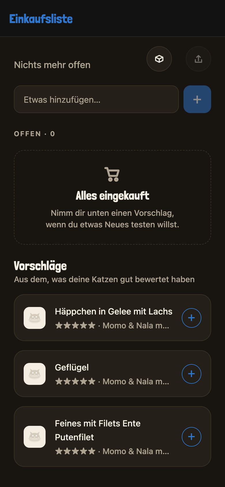 MiauMate – Einkaufsliste mit Vorschlägen